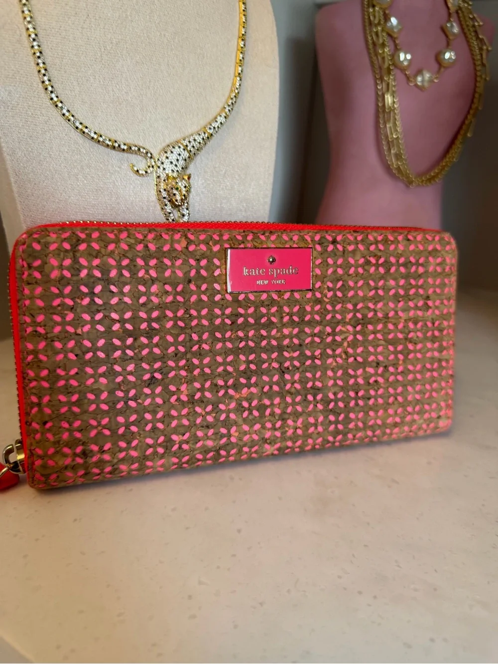 kate spade EUC Brown double face zipper Wallet with Coral Underlay and Trim